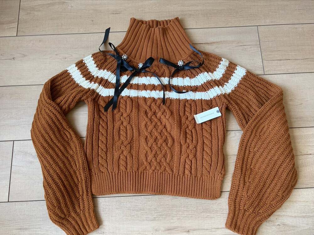 NWT Anthropologie Maeve Bow Turtleneck Cable Knit Balloon Sleeve Sweater M